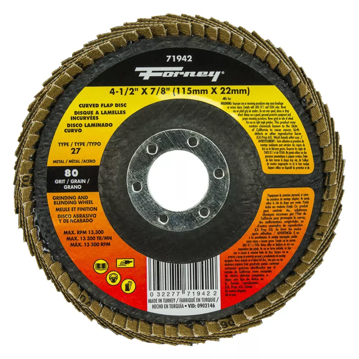 Forney 71942 Curved Edge Flap Disc 4-1/2 in x 7/8 in 80 Grit for Steel Grinding and Sanding
