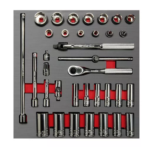 URREA 35 pc 3/8″ DRIVE SOCKET SETS WITH ACCESSORIES WITH EVA LAMINATED PLASTIC COVER #CH201L